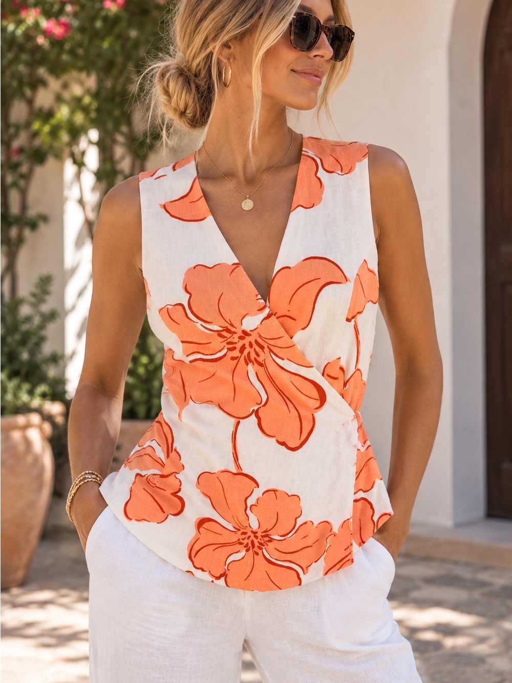 NWOT White Closet Elements Floral Wrap Top Orange Cream Resort L